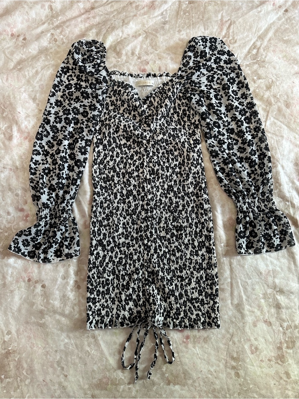 Black and White Floral Puff-Sleeve Smocked Dress